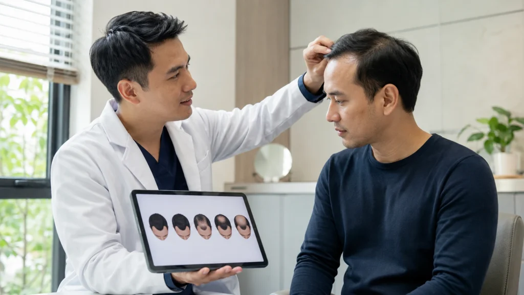 Visual edukasi Norwood scale untuk perencanaan hair transplant